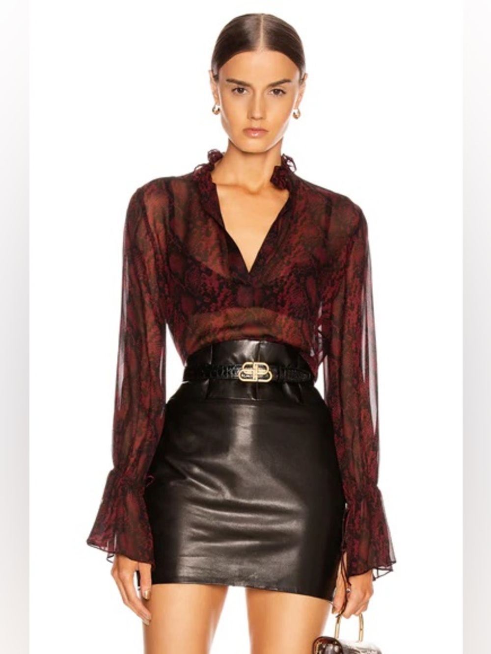 Nili Lotan Demi Top 100% Silk Burgundy Sheer Ruffle-Neck Blouse Ruby Snake